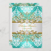 金ゴールドかわいらしティール(緑がかった色)ヴィンテージグラマーキンセアニェラ 招待状 (正面/裏面)
