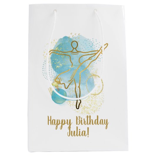 金ゴールドかわいらしバレリーナ水の色パーソナライズされた ミディアムペーパーバッグ (正面)