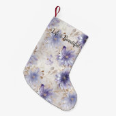 金ゴールドかわいらしパープルパールホワイトフラワーズ スモールクリスマスストッキング (正面 (吊り時))