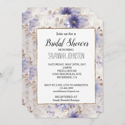 金ゴールドかわいらしパールパープルフラワーズブライダルシャワー 招待状 (正面/裏面)