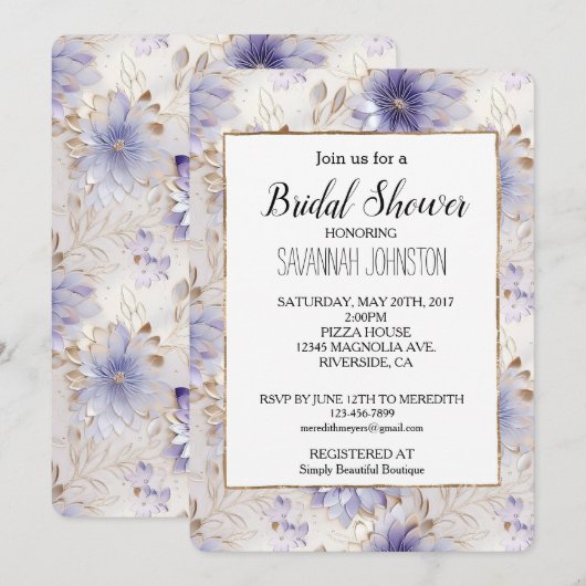 金ゴールドかわいらしパールパープルフラワーズブライダルシャワー 招待状 (正面/裏面)