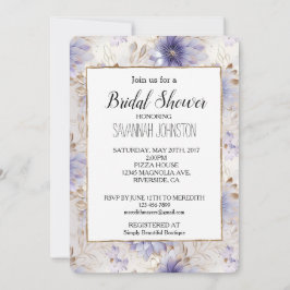 金ゴールドかわいらしパールパープルフラワーズブライダルシャワー 招待状