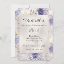 金ゴールドかわいらしパールホワイトパープルフラワー 招待状