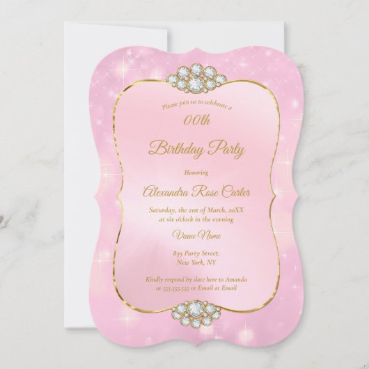 金ゴールドかわいらしピンクダイヤモンド誕生日パーティー 招待状 (正面)