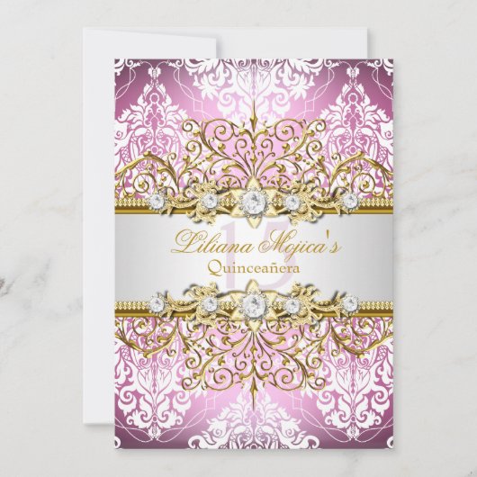 金ゴールドかわいらしピンクヴィンテージグラマーキンセアニェラ 招待状 (正面)