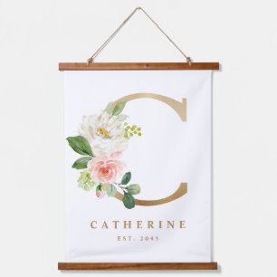 金ゴールドかわいらしフローラモノグラムレターCベビー子供部屋 吊り下げ型タペストリー