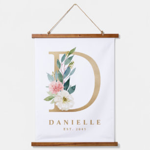 金ゴールドかわいらしフローラモノグラムレターDベビー子供部屋 吊り下げ型タペストリー