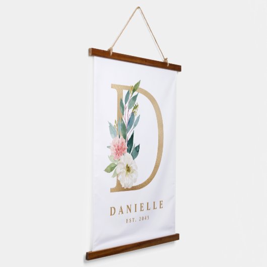 金ゴールドかわいらしフローラモノグラムレターDベビー子供部屋 吊り下げ型タペストリー (傾斜あり)