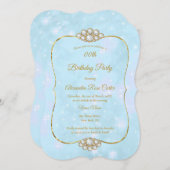金ゴールドかわいらしブルーダイヤモンドバースデーパーティー 招待状 (正面/裏面)
