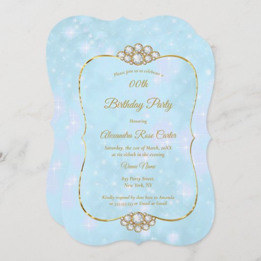 金ゴールドかわいらしブルーダイヤモンドバースデーパーティー 招待状 (正面/裏面)