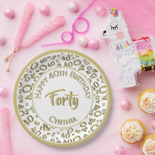 金ゴールドか白の第40誕生会数パターン ペーパープレート (パーティー)