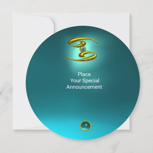 金ゴールドがん〔占星術の〕十二宮図誕生日ジュエルオパールアクアブルー 招待状 (裏面)