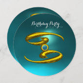 金ゴールドがん〔占星術の〕十二宮図誕生日ジュエルオパールアクアブルー 招待状 (正面/裏面)