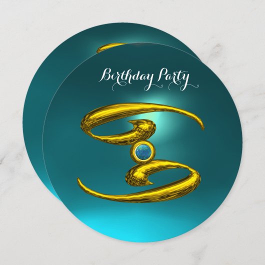 金ゴールドがん〔占星術の〕十二宮図誕生日ジュエルオパールアクアブルー 招待状 (正面/裏面)