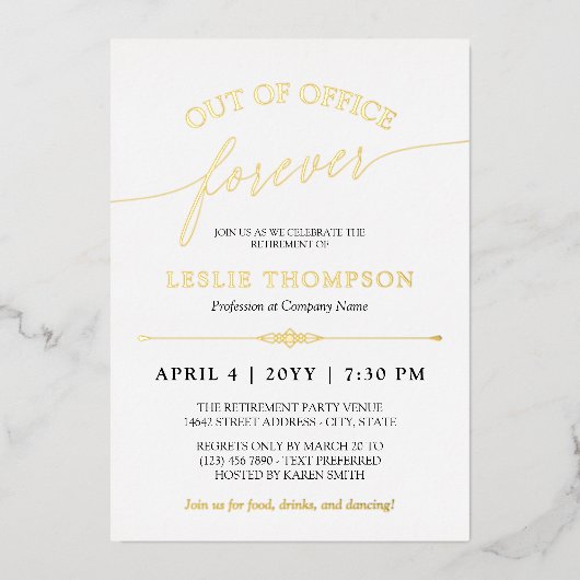 金ゴールドが不在の永遠の退職パーティー 箔招待状 (正面)