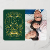 金ゴールドが押されたクリスマスグリーティンググリーンフォト 箔シーズンカード (正面)