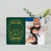 金ゴールドが押されたクリスマスグリーティンググリーンフォト 箔シーズンカード (立ち正面)