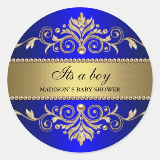 金ゴールドが輝く青エレガントい赤ん坊が男の子をシャワー ラウンドシール (正面)