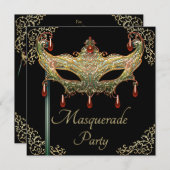 金ゴールドが飾り立つRubyマスクブラックマスカレードパーティー 招待状 (正面/裏面)