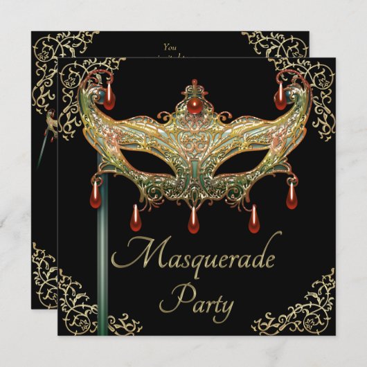 金ゴールドが飾り立つRubyマスクブラックマスカレードパーティー 招待状 (正面/裏面)