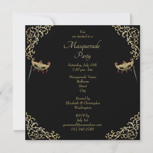 金ゴールドが飾り立つRubyマスクブラックマスカレードパーティー 招待状 (裏面)