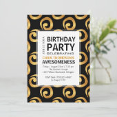 金ゴールドが黒い誕生日パモダンーティーで渦巻く 招待状 (スタンド正面)