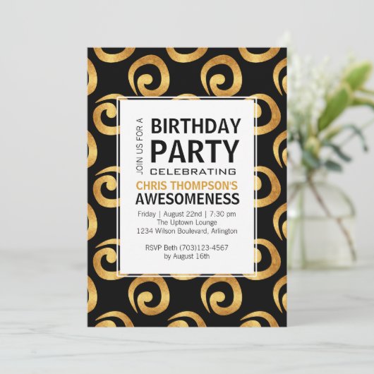 金ゴールドが黒い誕生日パモダンーティーで渦巻く 招待状 (スタンド正面)
