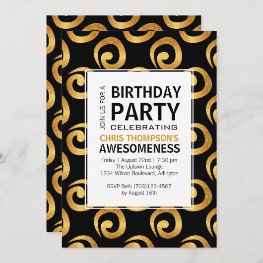 金ゴールドが黒い誕生日パモダンーティーで渦巻く 招待状 (正面/裏面)