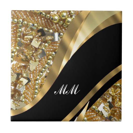 金ゴールドきらきら光ると黒の旋回パターン タイル (正面)