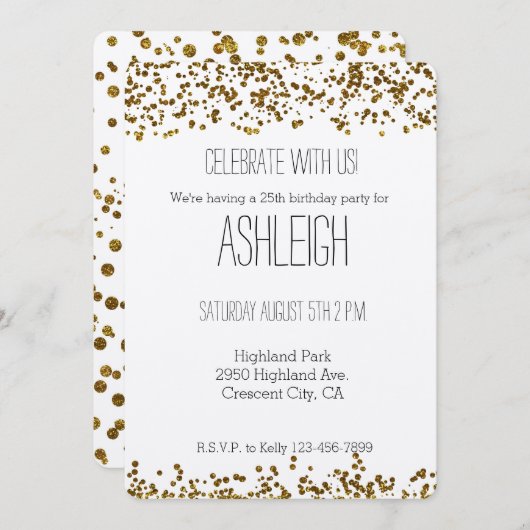 金ゴールドきらきら光るグリッター紙吹雪誕生日 招待状 (正面/裏面)