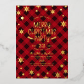 金ゴールドきらびやかなスノーフレーク赤い格子模様クリスマスパーティー 箔招待状 (正面)