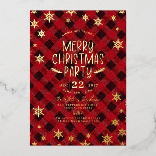 金ゴールドきらびやかなスノーフレーク赤い格子模様クリスマスパーティー 箔招待状 (正面)