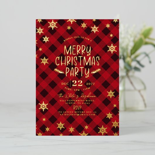 金ゴールドきらびやかなスノーフレーク赤い格子模様クリスマスパーティー 箔招待状 (立ち正面)