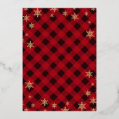 金ゴールドきらびやかなスノーフレーク赤い格子模様クリスマスパーティー 箔招待状 (裏面)