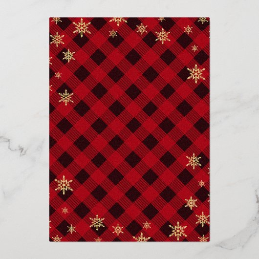 金ゴールドきらびやかなスノーフレーク赤い格子模様クリスマスパーティー 箔招待状 (裏面)