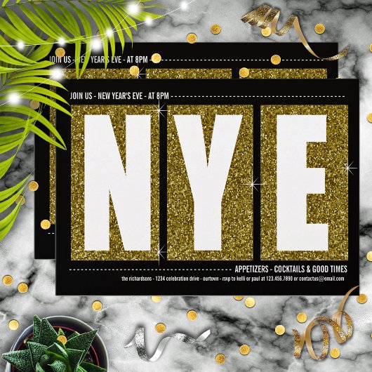 金ゴールドきらびやかな新年のイブのカクテルパーティー 招待状