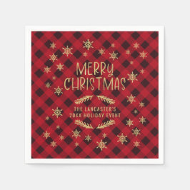 金ゴールドきらびやかな雪片レッドプレイドメリークリスマス スタンダードカクテルナプキン
