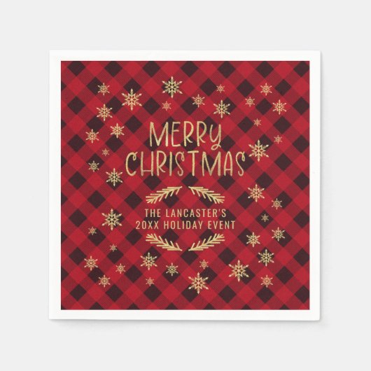 金ゴールドきらびやかな雪片レッドプレイドメリークリスマス スタンダードカクテルナプキン (正面)