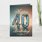 金ゴールドきらめくとブルージェムストーン40歳の誕生日 カード (正面)