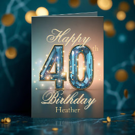 金ゴールドきらめくとブルージェムストーン40歳の誕生日 カード