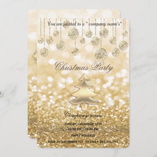 金ゴールドきらめくの華企業のやかなクリスマスパーティー 招待状 (正面/裏面)