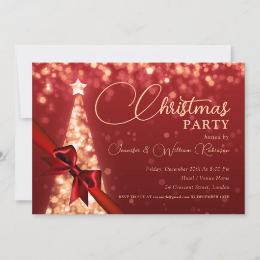 金ゴールドきらめくエレガントクリスマスツリーホリデーグリーン 招待状 (正面)