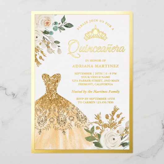 金ゴールドきらめくガウンアイボリーフローラキンセアニェラ金ゴールド 箔招待状 (正面)