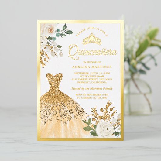 金ゴールドきらめくガウンアイボリーフローラキンセアニェラ金ゴールド 箔招待状 (立ち正面)