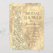 金ゴールドきらめくグリッタードレスガウンブライダルシャワー 招待状 (正面/裏面)