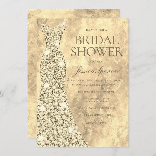 金ゴールドきらめくグリッタードレスガウンブライダルシャワー 招待状 (正面/裏面)