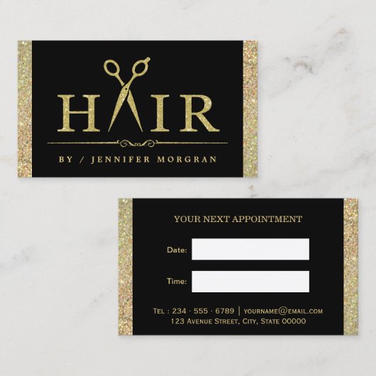 金ゴールドきらめくグリッターヘアサロンアポイントメントカード 予約カード (正面/裏面)