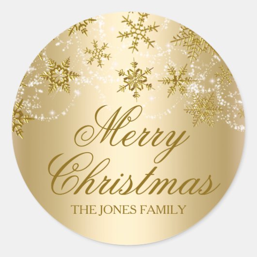 金ゴールドきらめくスノーフレーククリスマスステッカー ラウンドシール (正面)