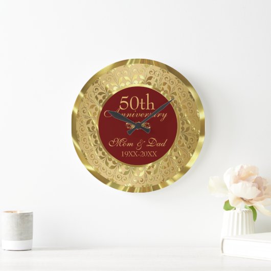 金ゴールドきらめくダマスク50結婚周年記念 ラージ壁時計 (ホーム)