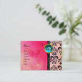 金ゴールドきらめくピンクダマスクモノグラム、明るい赤紫色ブルー 名刺 (スタンド正面)